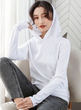 纯棉有连帽t恤女2025春秋黑白色宽松休闲时尚上衣带帽子打底衫潮