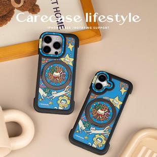 Max 手绘风 适用于iPhone16 可爱高级感 简约创意 原创设计 Pro 猫咪机械时钟支点支架手机壳 CARECASE