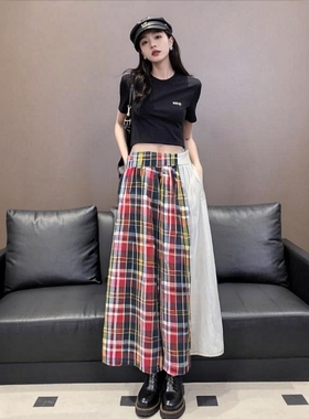 【福利】女士亚麻格子拼接半身裙 休闲宽松口袋侧拉链长A字裙子