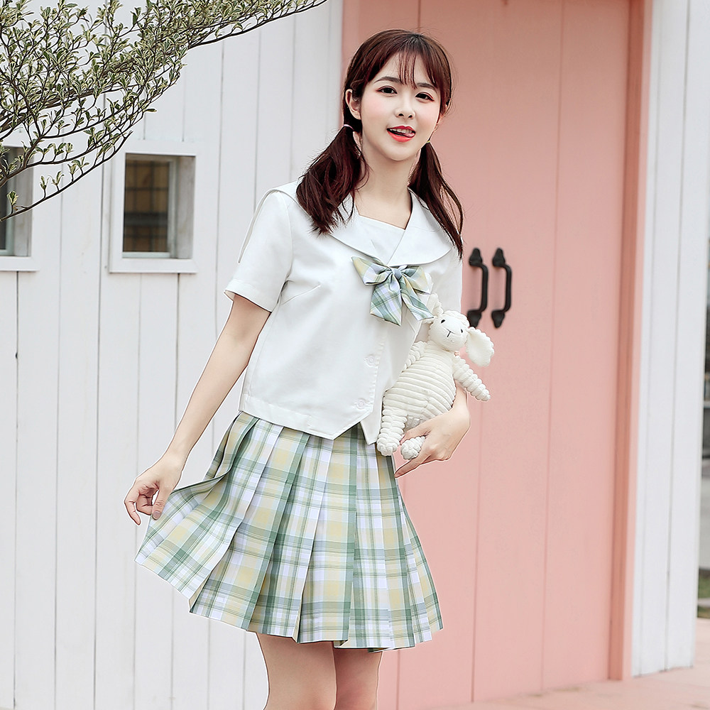 正版原创绿色jk裙夏季学院风JK制服套装校供感短裙百褶裙半身裙