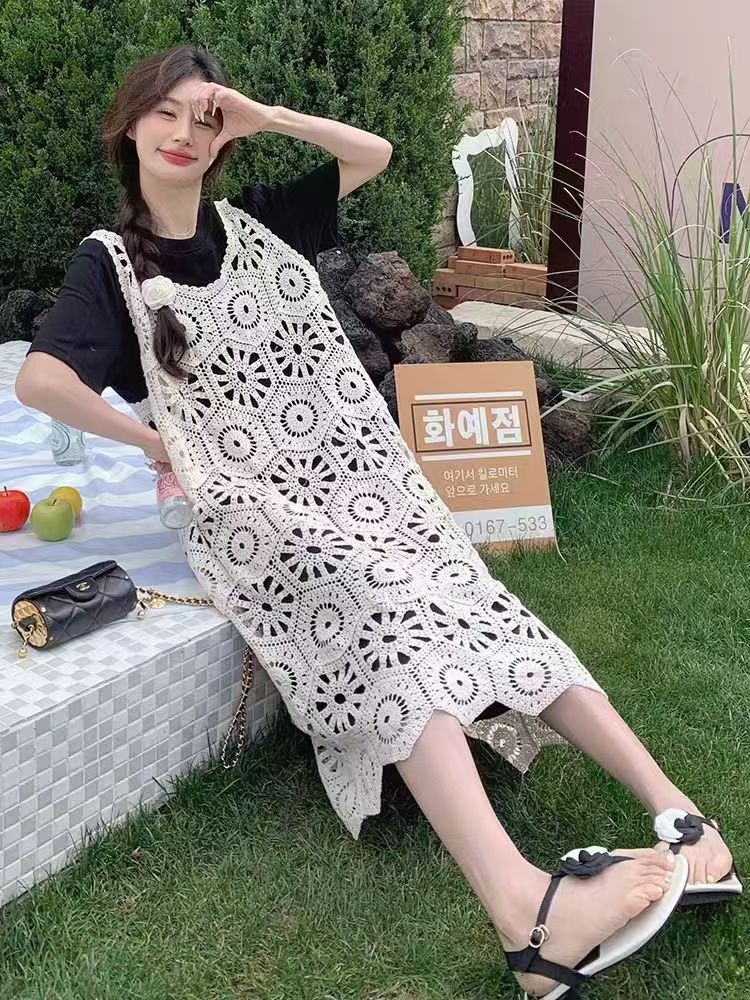 2026夏季新款法式镂空针织吊带裙套装女遮肚显瘦t恤连衣裙黑色