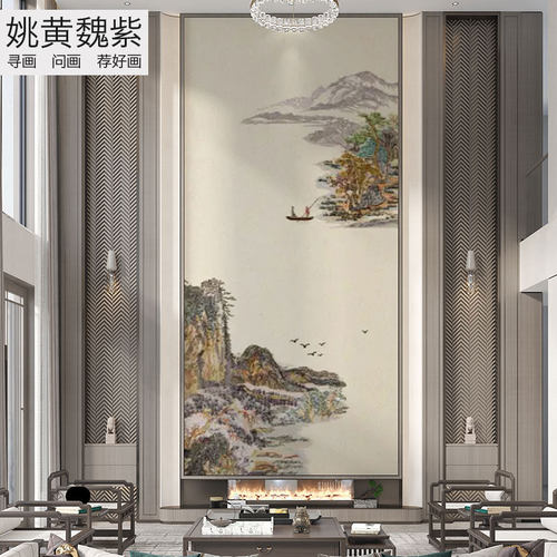 挑空层墙布独绣跃层巴山蜀水壁布刺绣高级感大气山水大型壁画整幅