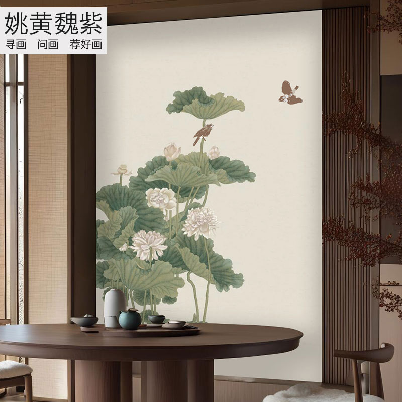 古风莲花卉小鸟大玄关刺绣装饰壁纸墙布宋式餐厅卧室艺术苏绣壁布图片