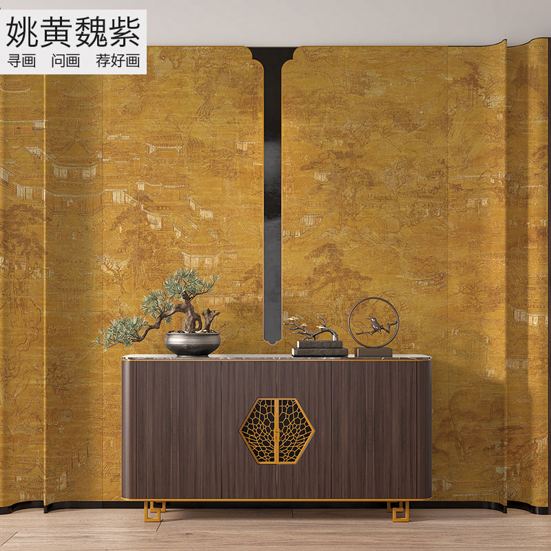 中式古典人物建筑山水楼阁画金碧辉煌竖画壁布酒店前台饭厅墙壁画
