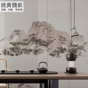 半刺绣山水画客厅国风竖画热转印锦缎布立体肌理浮雕宋式美学壁布