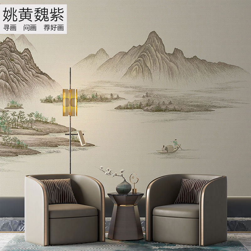 新中式仿古暖色山水高精度刺绣壁布客厅公司整墙布意境独秀墙布
