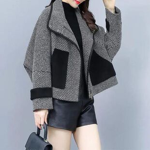 春秋装胖mm大码新款小香风千鸟格毛呢外套女短款宽松洋气减龄显瘦
