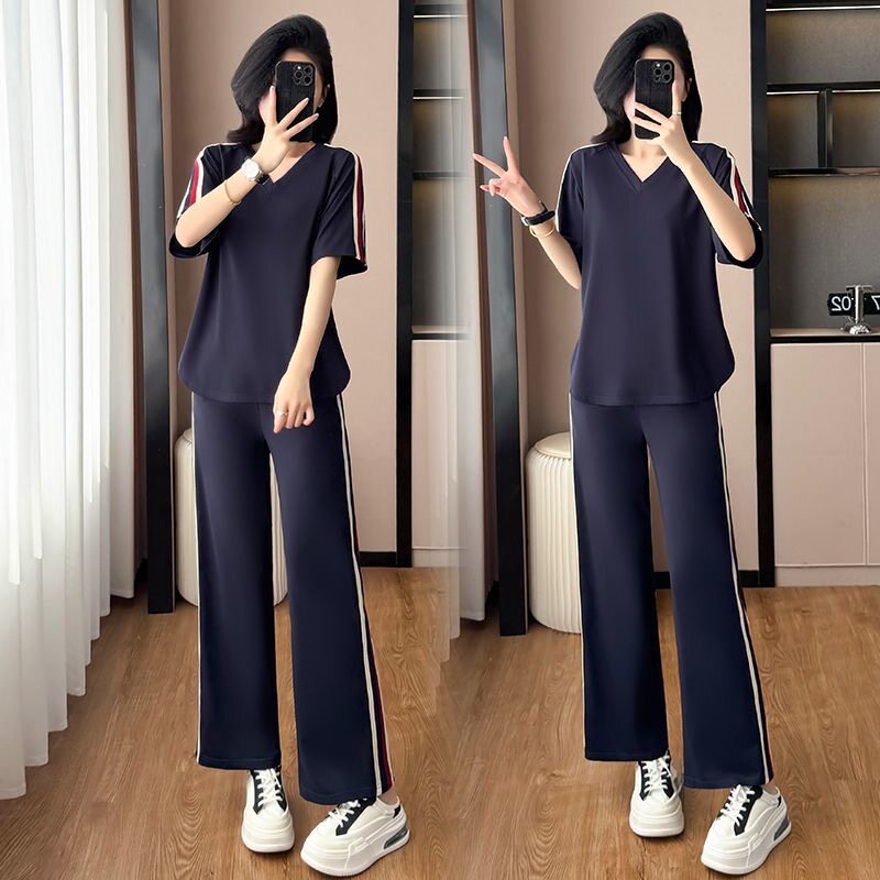 胖MM大码夏天新款休闲运动套装女宽松时尚短袖长裤两件套显瘦减龄