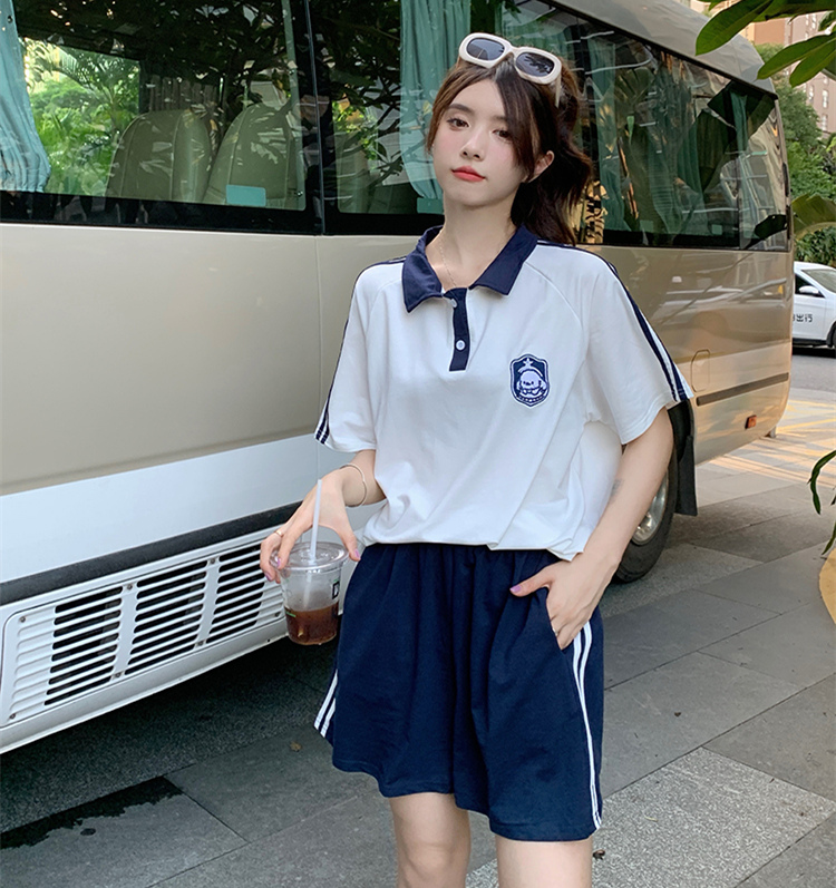 夏装情侣装校服翻领POLO衫短袖T恤女夏季拼接班服裤套装男宽松ins