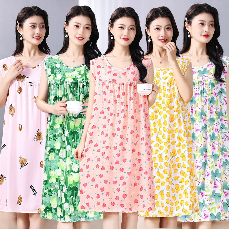纯棉绸睡衣女款2025新款夏季宽松大码妈妈睡裙人造棉中老年家居服