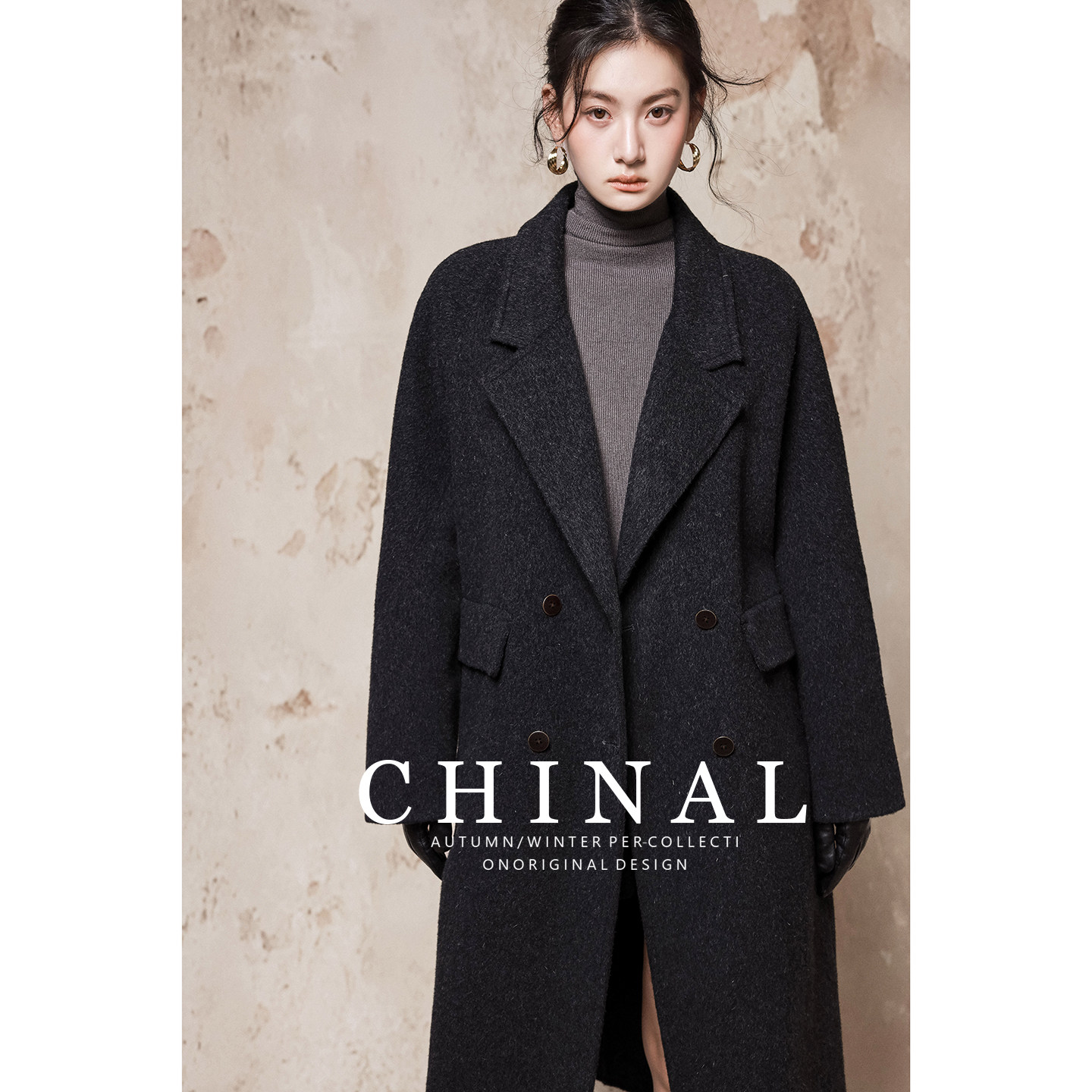 CHINAL冬装新款韩版时尚宽松中长款羊毛呢外套女双面呢羊绒大衣
