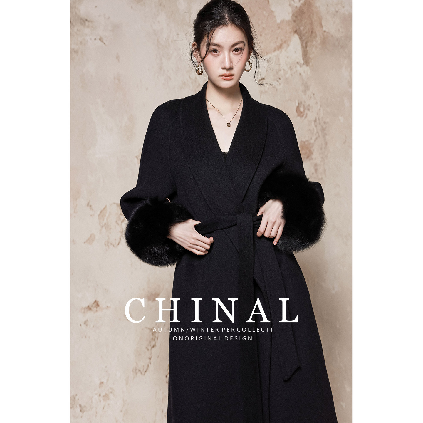 CHINAL冬装极简风中长款羊毛呢外套女狐狸毛黑色双面呢山羊绒大衣