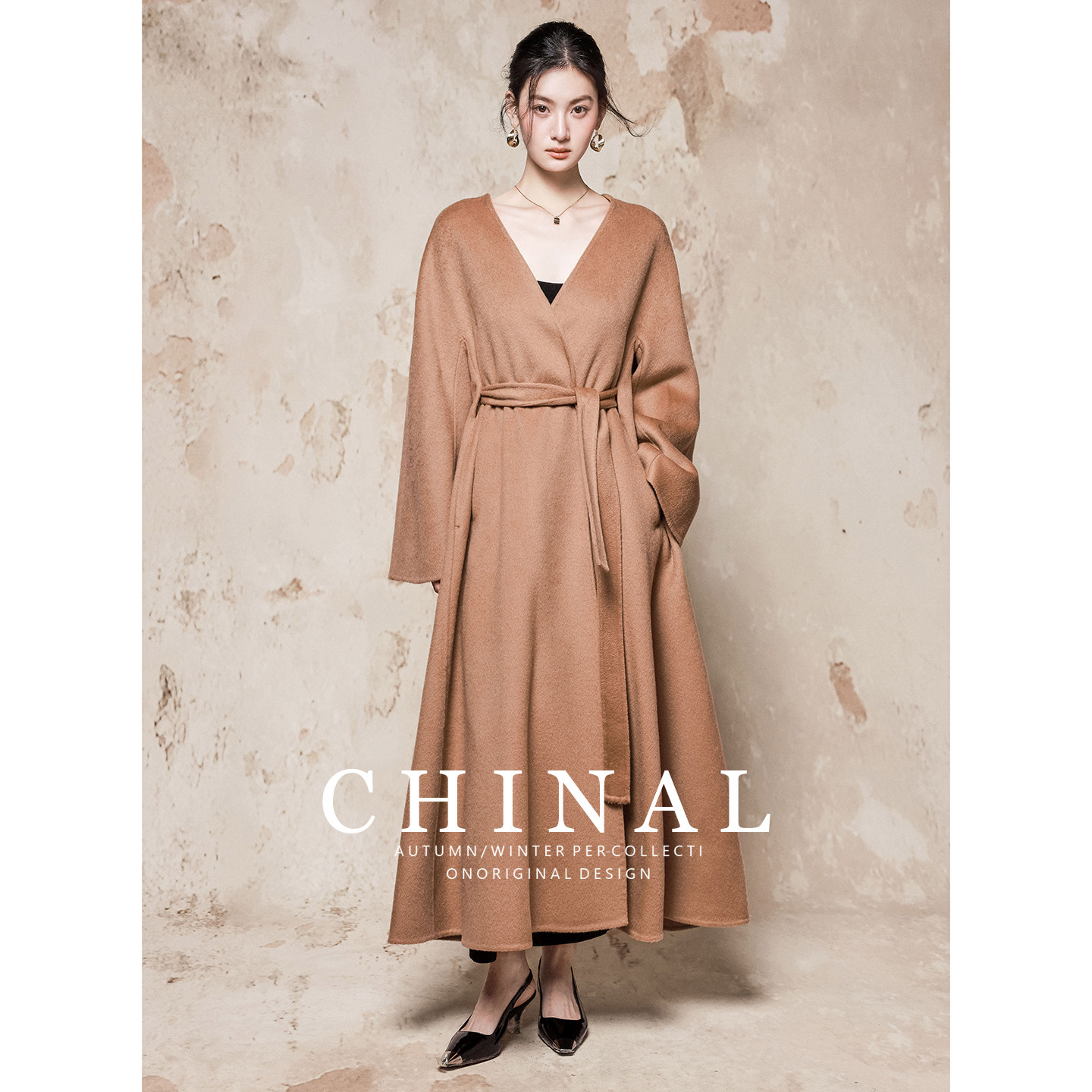 CHINAL冬装大牌风设计系带长款羊毛呢外套经典驼双面呢羊绒大衣女