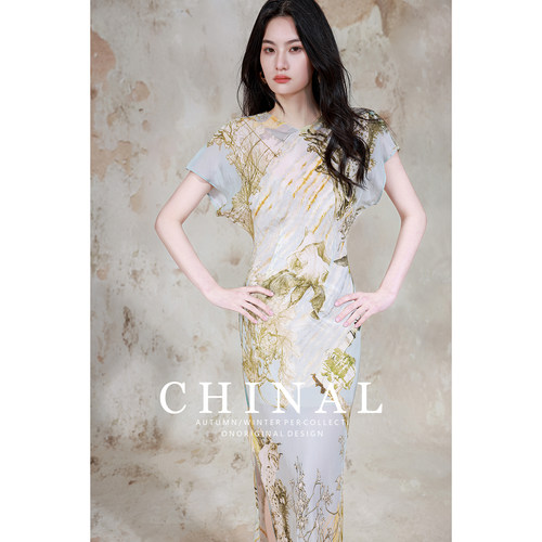 CHINAL重磅斜裁100%桑蚕丝艺术印花气质连衣裙改良新中式真丝长裙