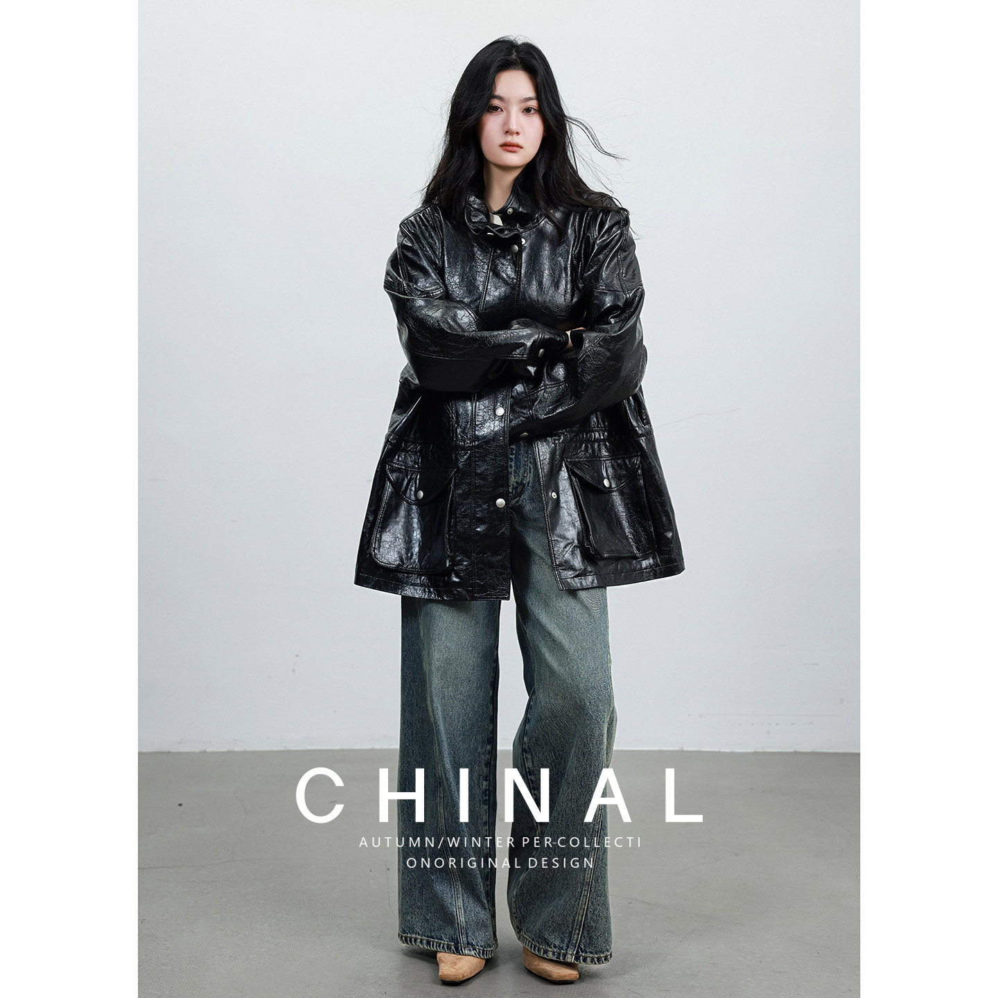 CHINA复古VTG微光立体解构PU肌理收腰皮衣工装感风衣皮夹克外套女
