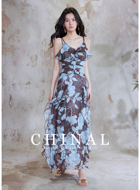 CHINAL夏季新款温柔风气质碎花连衣裙女修身显瘦印花气质吊带长裙