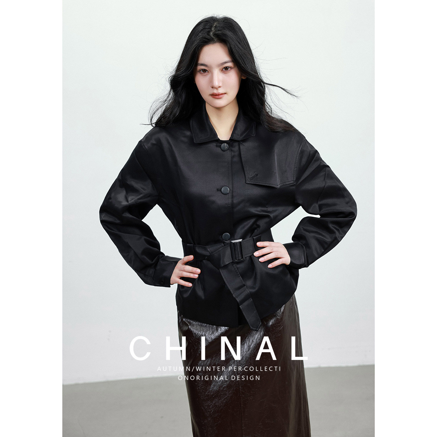 CHINA秋装新款极简英伦风轻奢真丝羊毛双面缎短款上衣风衣外套女