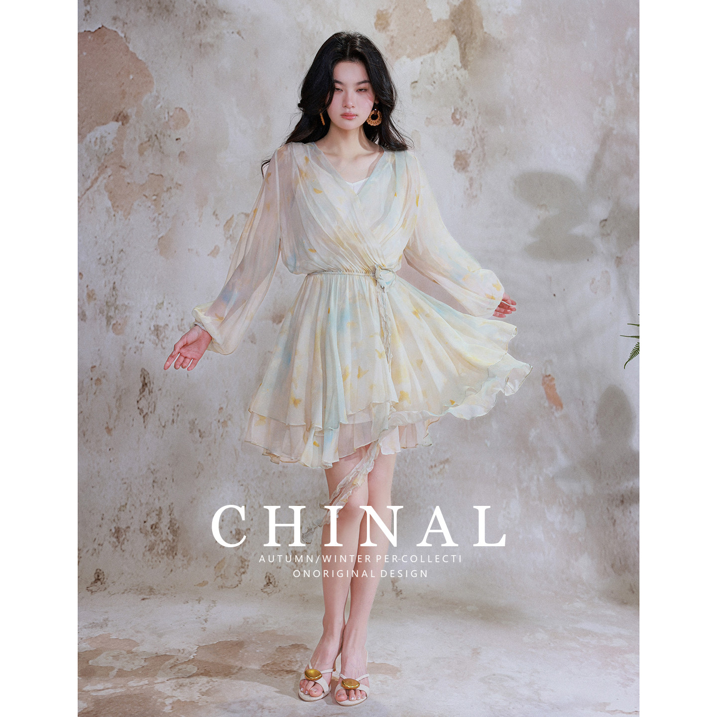 CHINAL夏装真丝花卉碎花连衣裙女法式收腰温柔风气质桑蚕丝短裙