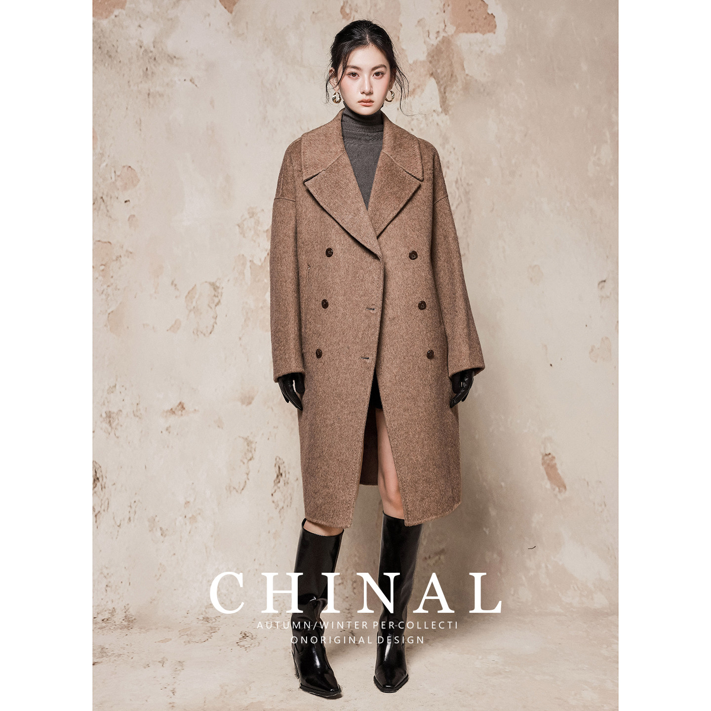 CHINAL冬装新款韩版时尚宽松中长款羊毛呢子外套女双面呢羊绒大衣