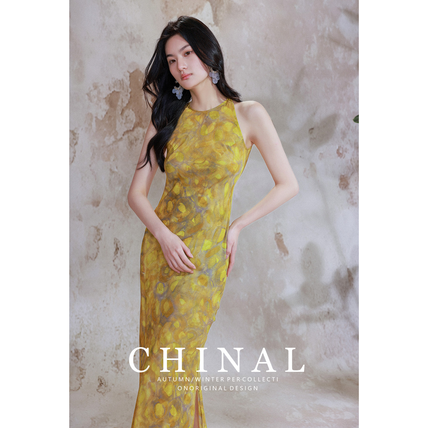CHINAL夏新款100%桑蚕丝连衣裙法式气质收腰修身挂脖印花真丝长裙