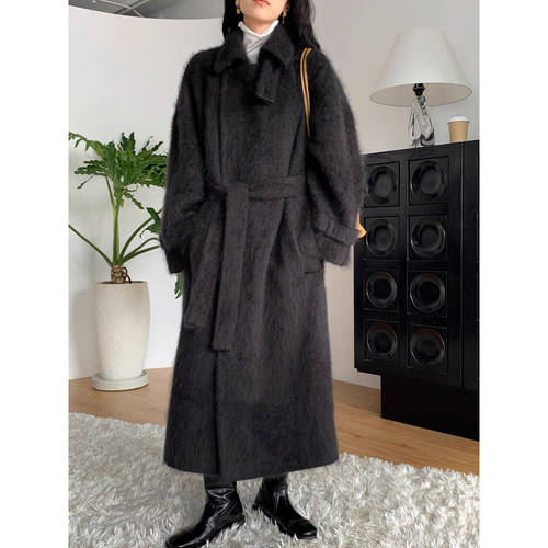 2025冬装高级感立领中长款皮草感长毛桑蚕丝羊绒拉毛羊毛大衣外套