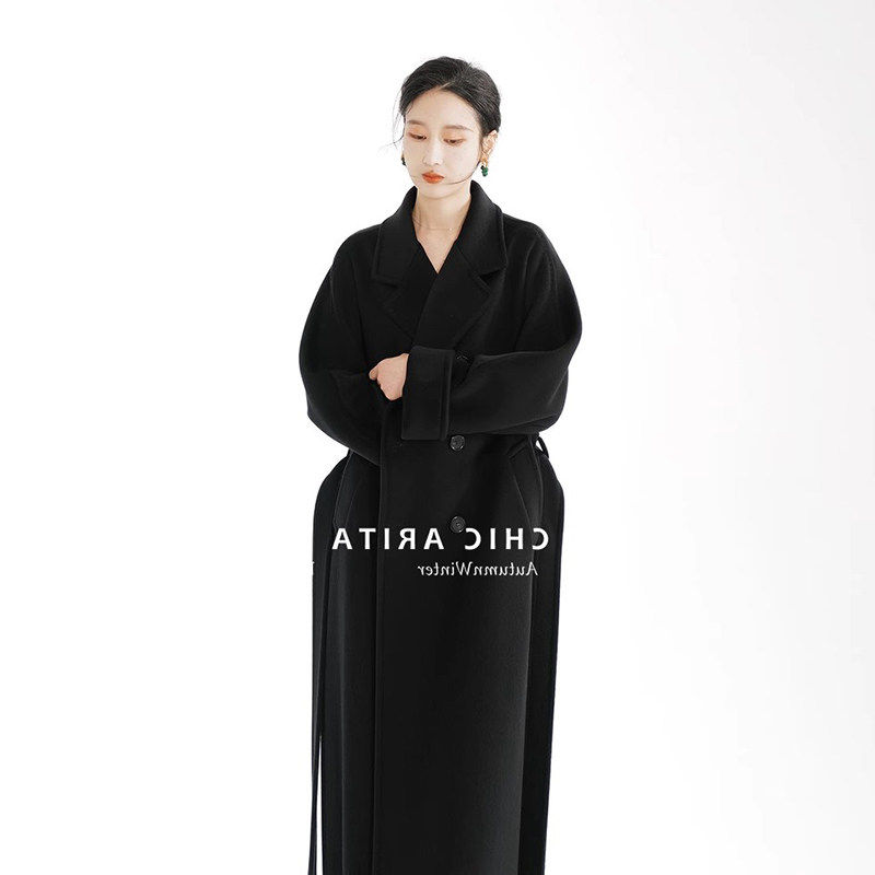 M家101801冬季新款高级感黑色长款羊毛外套100%山羊绒羊绒大衣女