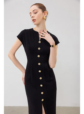 CHINAL通勤气质3D曼妙线条贝母扣三醋酸茶歇裙简约收腰v领连衣裙