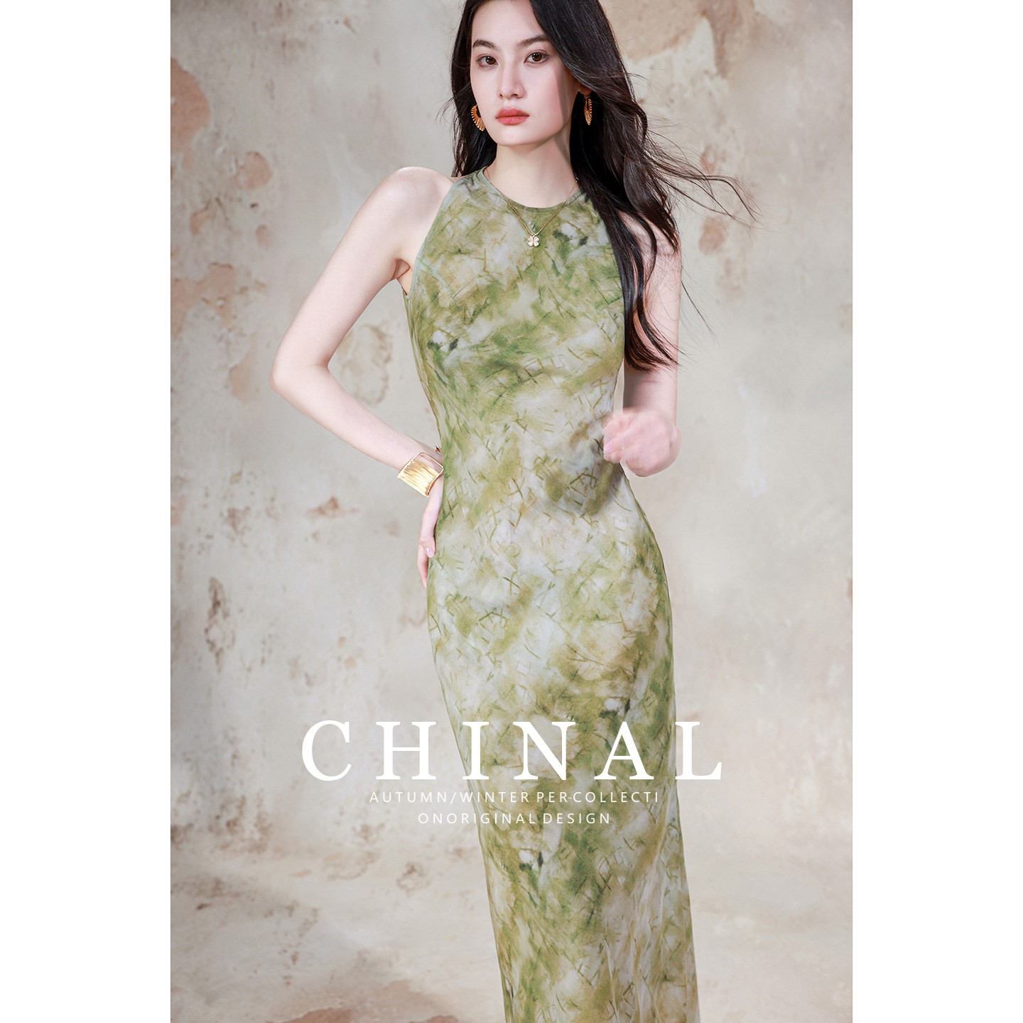 CHINA 45度斜裁桑蚕丝气质长裙极简设计显瘦挂脖印花真丝连衣裙子