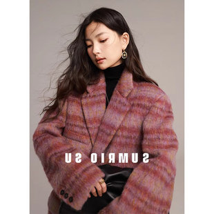 2025冬新款高端ALPACA马海毛羊毛混纺外套条纹宽松西装羊驼毛大衣