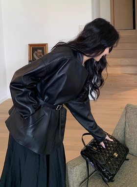 CHINAL秋新款极简设计休闲廓形绵羊皮真皮皮衣女腰带收腰宽松外套