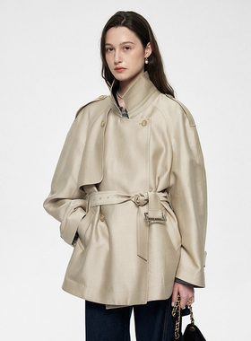 CHINAL秋装新款英伦风时髦重磅32mm真丝羊毛短款双排扣风衣外套女