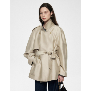 CHINAL秋装新款英伦风时髦重磅32mm真丝羊毛短款双排扣风衣外套女