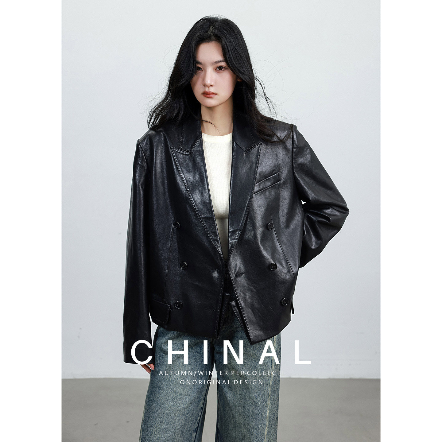 CHINA高端进口水洗植鞣绵羊皮西装外套女短款黑色真皮皮衣皮夹克