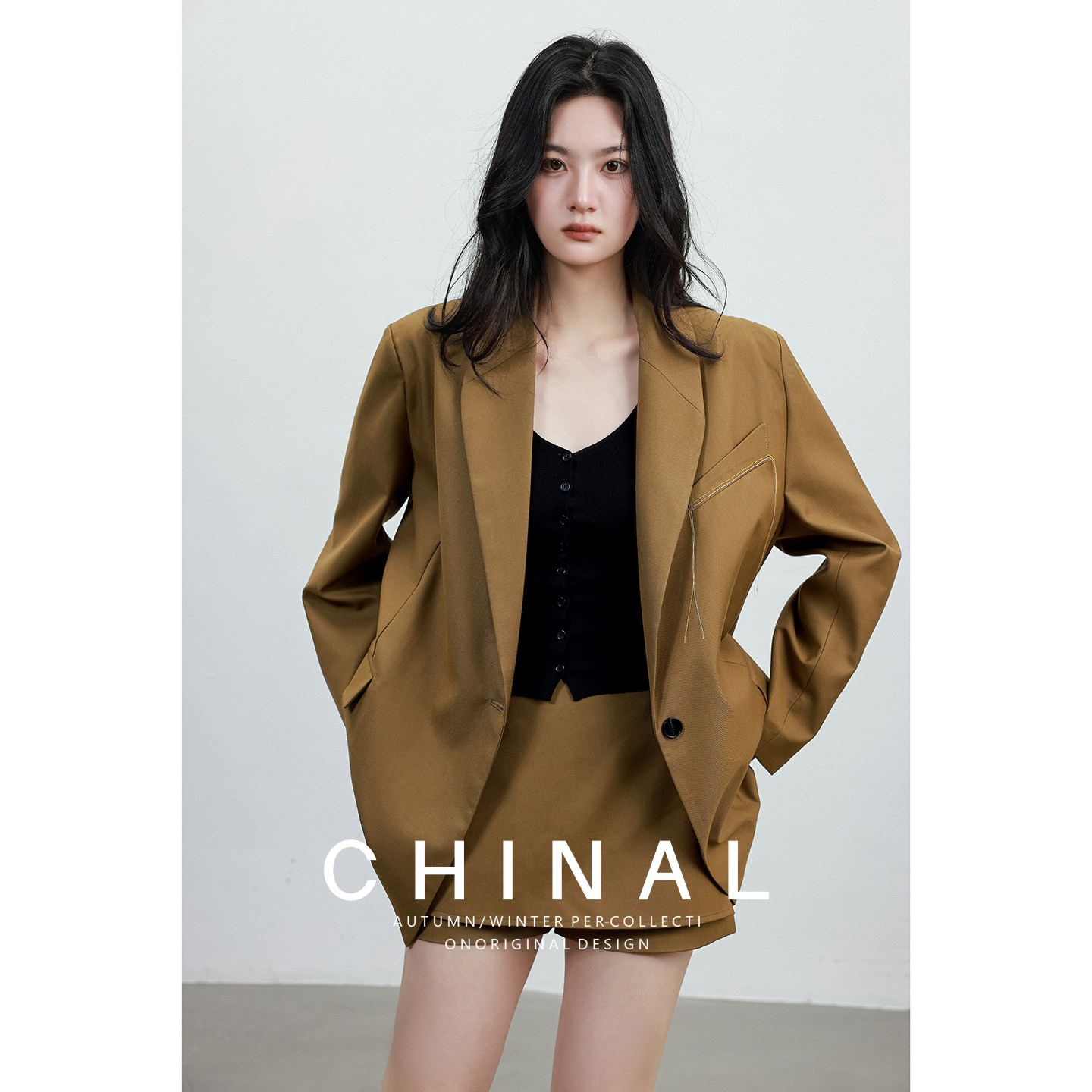 CHINA秋装高级感时髦精重磅纺羊毛外套手工线胸袋廓形西装/裙裤女