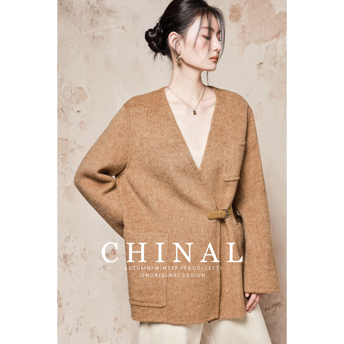 CHINAL冬装新款极简风高端短款羊毛呢外套女v领双面呢羊绒大衣