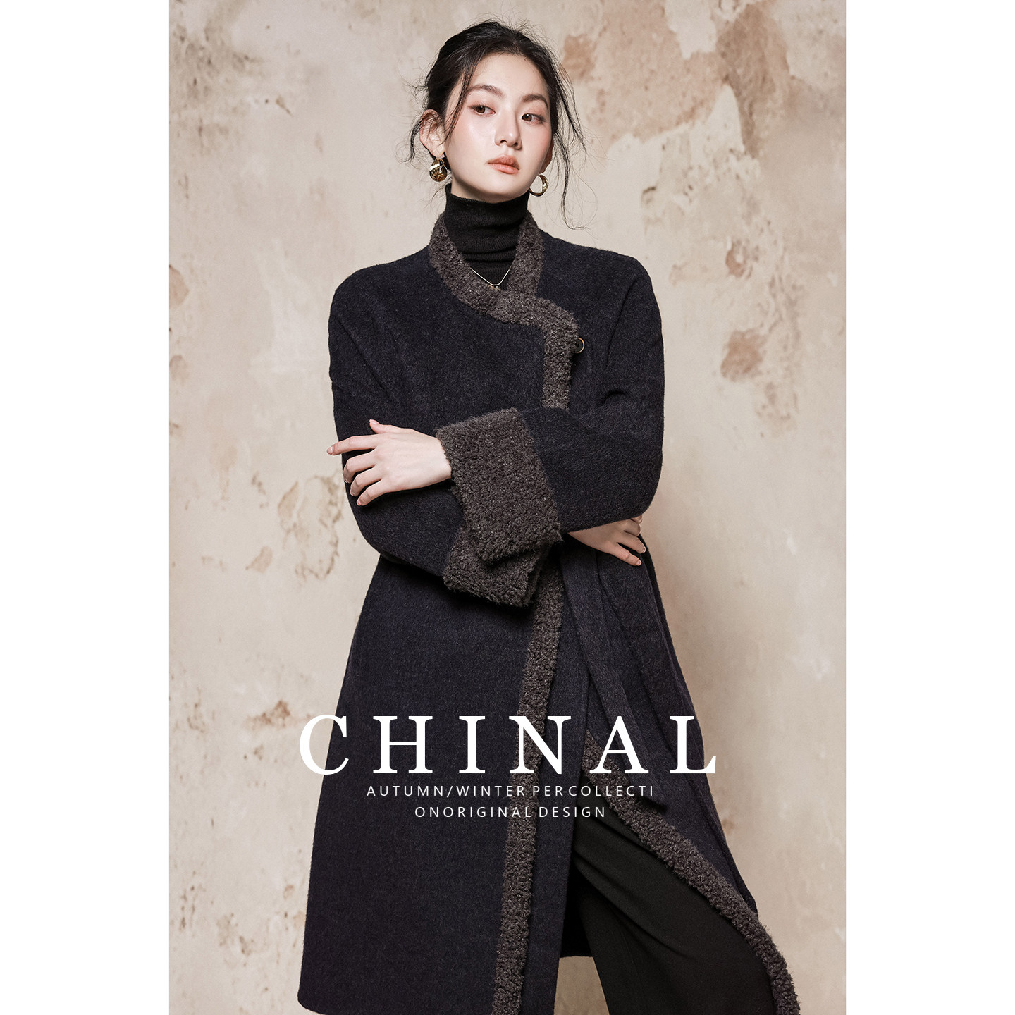 CHINAL冬装新款大牌系带中长款羊毛呢外套女羊羔毛拼接双面呢大衣