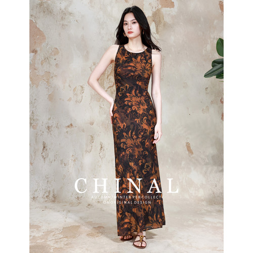 CHINAL桑蚕丝无袖长裙松弛老钱高端丝印花圆领松弛斜裁真丝连衣裙