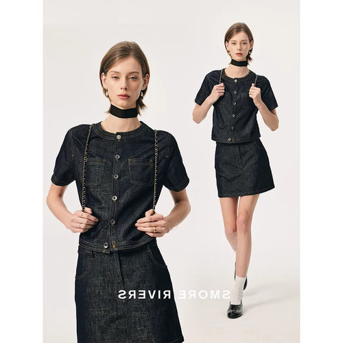 2026春装新款精致通勤限量意大利进口细闪牛仔短袖衬衫外套半裙女