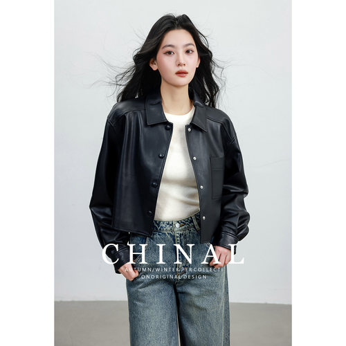 CHINAL进口绵羊皮真皮皮衣外套女2026秋装新款短款皮夹克休闲