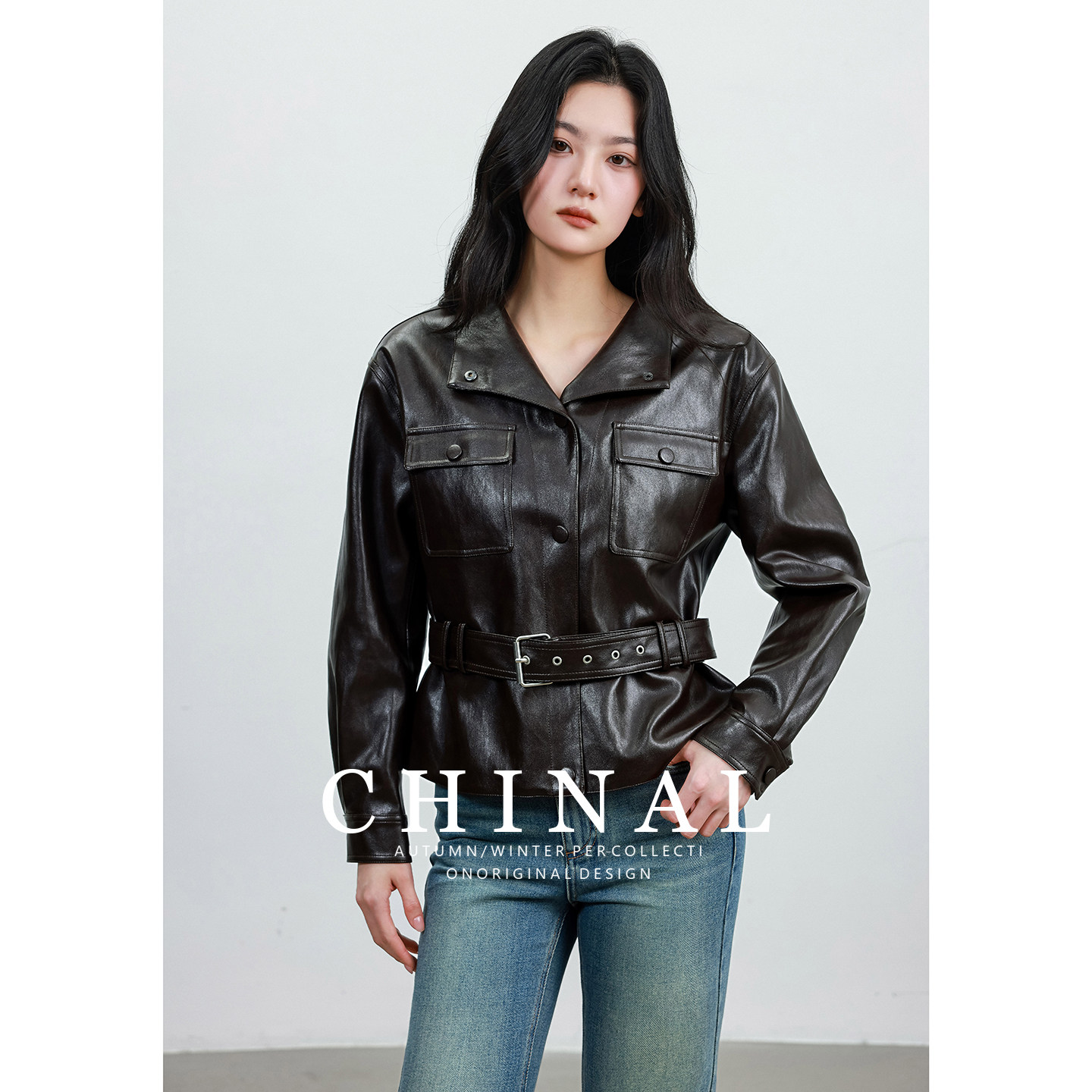 CHINAL明星同款油蜡绵羊皮外套女修身显瘦气质立领短款真皮皮衣