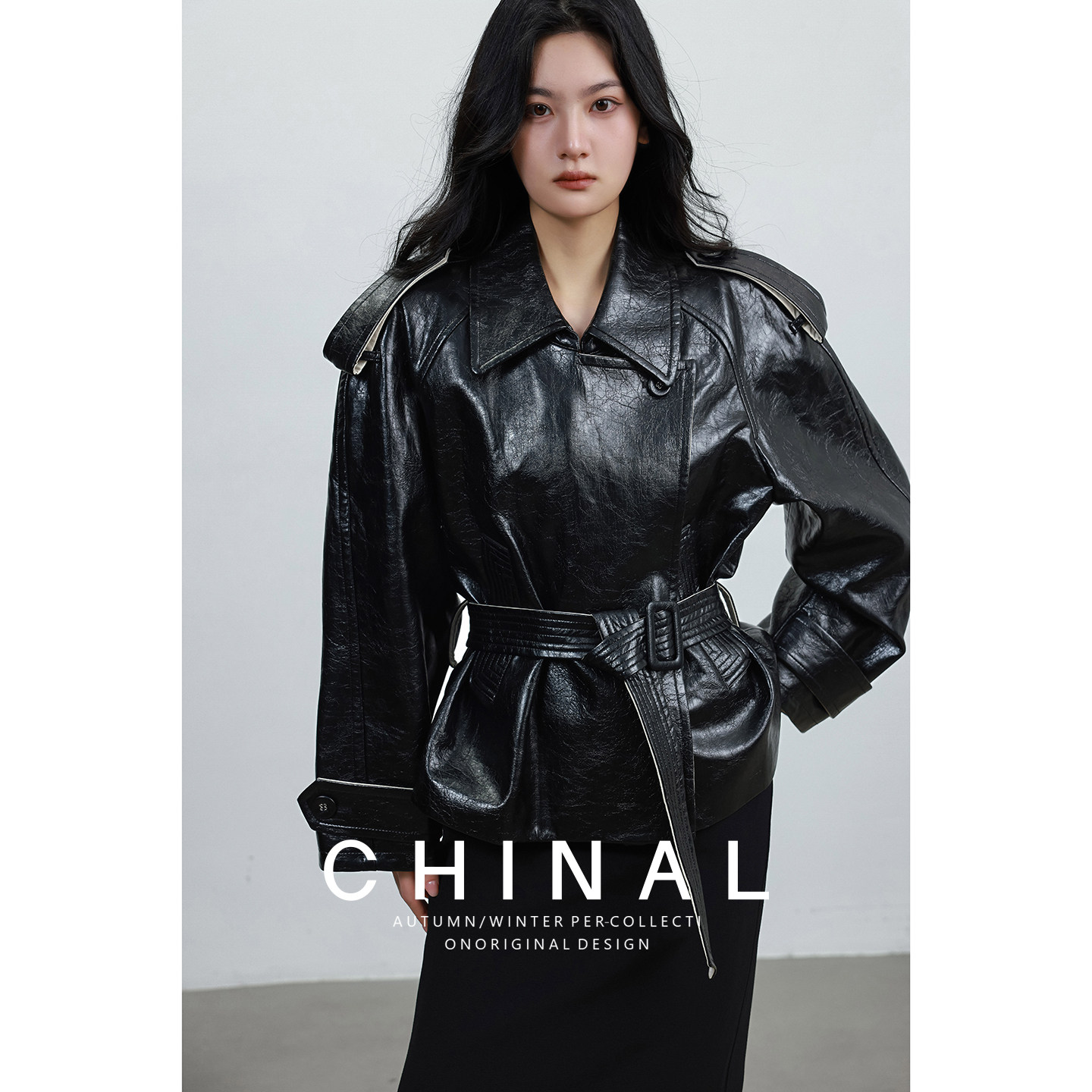 CHINA秋新款蜡质琥珀 重工环葆微光拼接撞色短皮衣夹克风衣外套女
