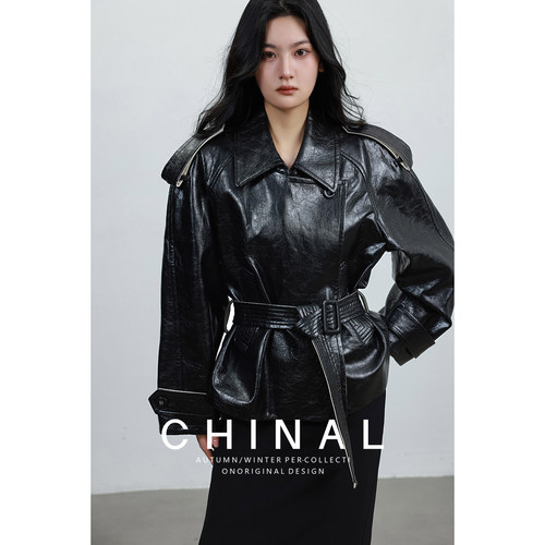 CHINA秋新款蜡质琥珀 重工环葆微光拼接撞色短皮衣夹克风衣外套女