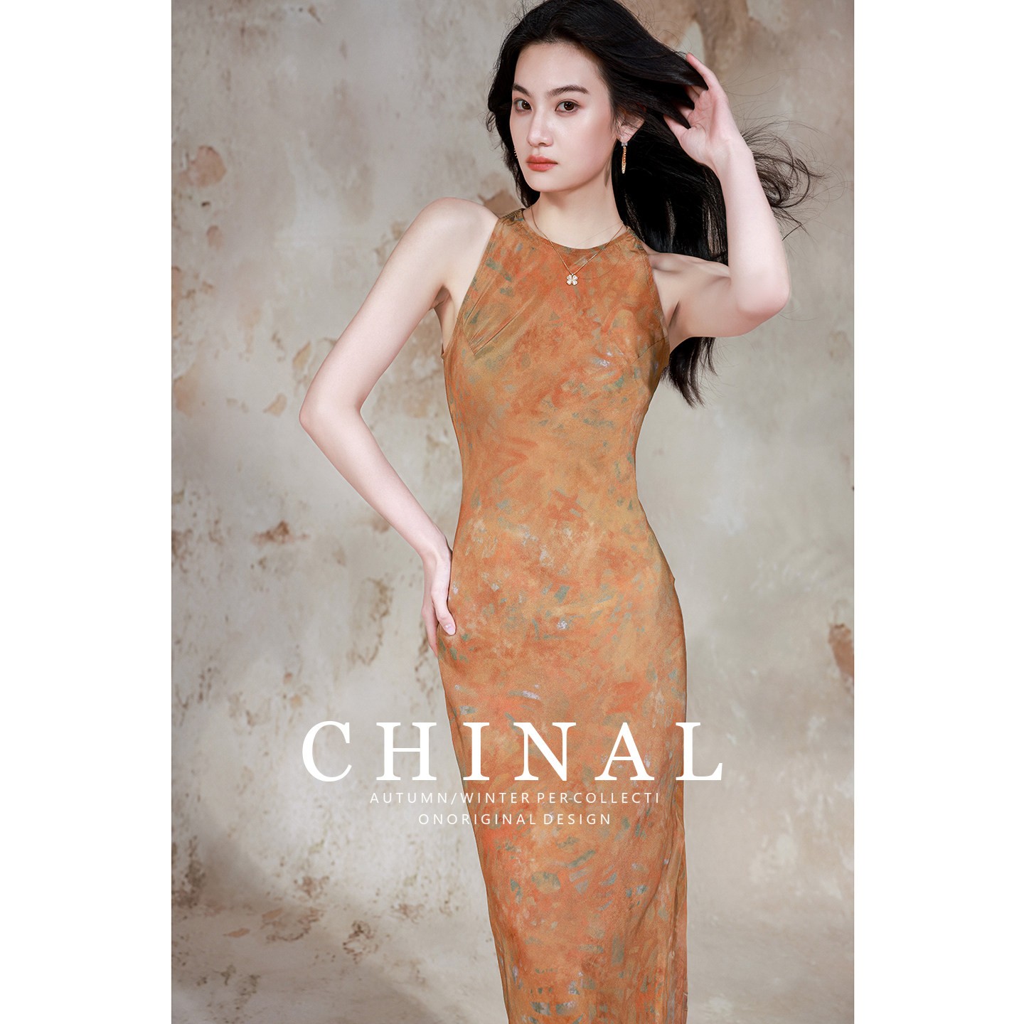 CHINA45度斜裁桑蚕丝长裙极简设计新中式印花气质背心真丝长裙子