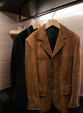 CHINAL秋新款高级棕色复古美拉德绒面皮衣山羊皮真皮西装外套女