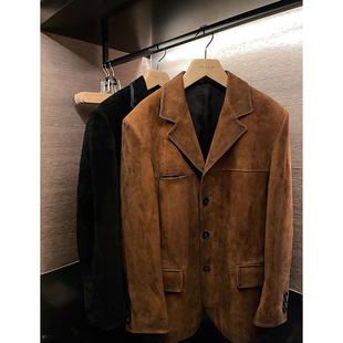 CHINAL秋新款高级棕色复古美拉德绒面皮衣山羊皮真皮西装外套女