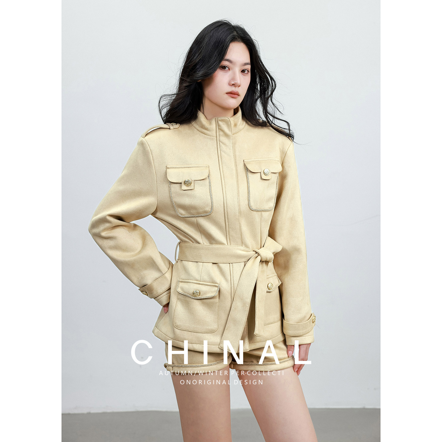 CHINA秋装新款立领麂皮绒夹克收腰外套/小香风短裤套装两件套女