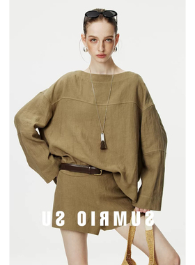 2026春新款极简设计感砂洗汉麻一字领蝴蝶结宽松显瘦上衣短裤套装