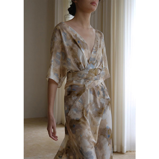 系带多WAY正反穿中长款 2025夏季 围裹式 桑蚕丝印花 连衣裙子 新款