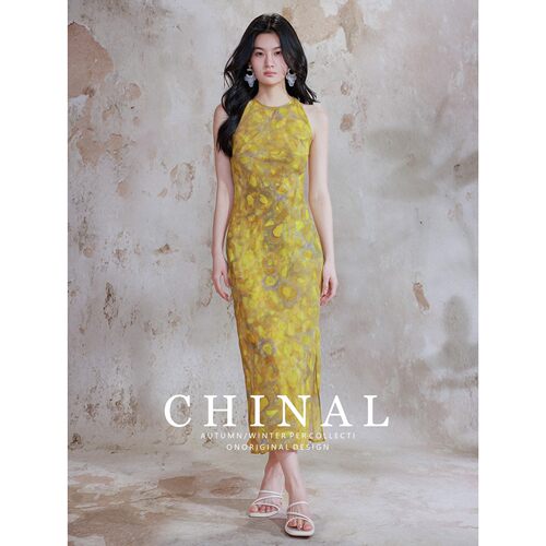 CHINAL45度斜裁100%桑蚕丝连衣裙极简气质修身挂脖印花真丝长裙子