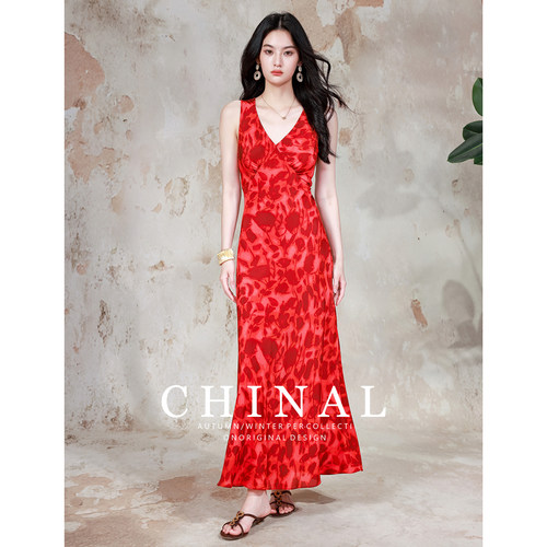 CHINAL夏45度斜裁印花红色真丝连衣裙女法式高级感气质桑蚕丝长裙